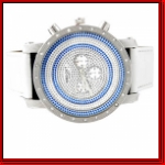 Silver Round Face w/Silver/Blue Dial Clear Stones White Leather